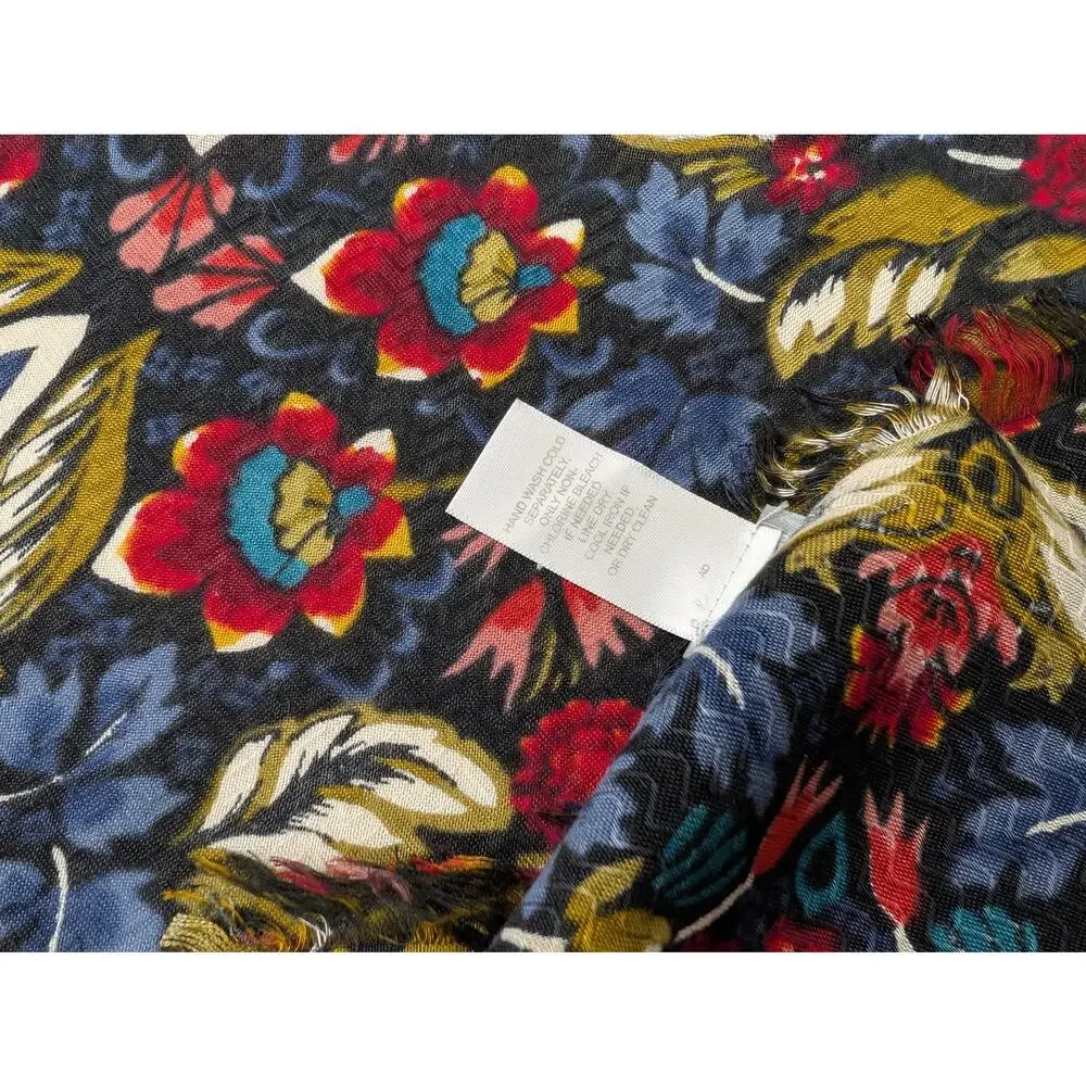 J.Jill Scarf Black Colorful Floral Print Rayon Square 48 x 47